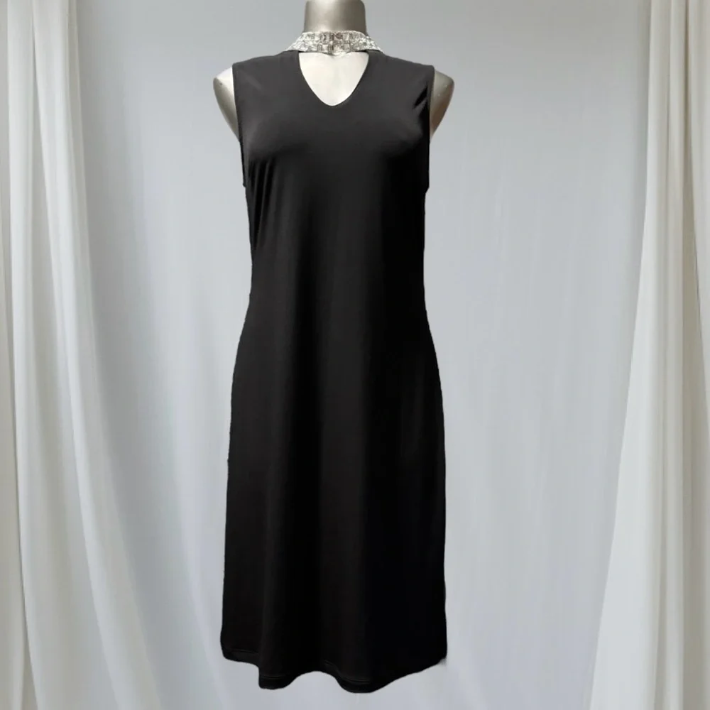 2 for $30 | Black Midi Dress V-Neck with Embellished Collar - Picture 7 of 15